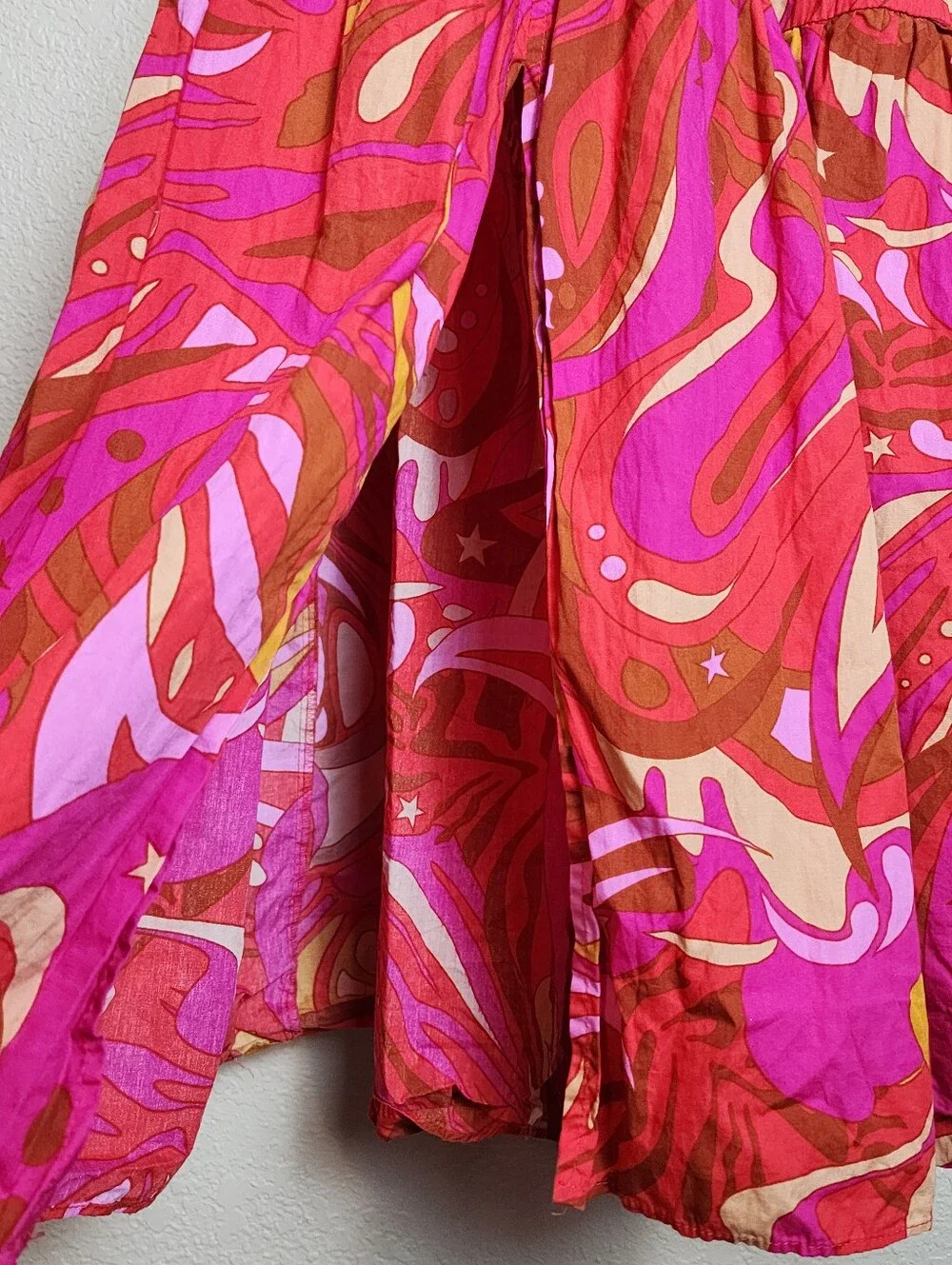 1. STATE Pink Abstract Print Open Back Midi Dress | Puff Sleeve Cotton | Medium - Picture 3 of 10